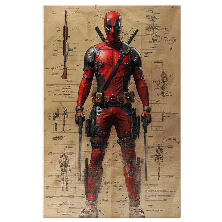Tablou Canvas: Deadpool personaj Marvel - Detalii ale armei si echipamentului in creion Pictura Digitala 40x25CM