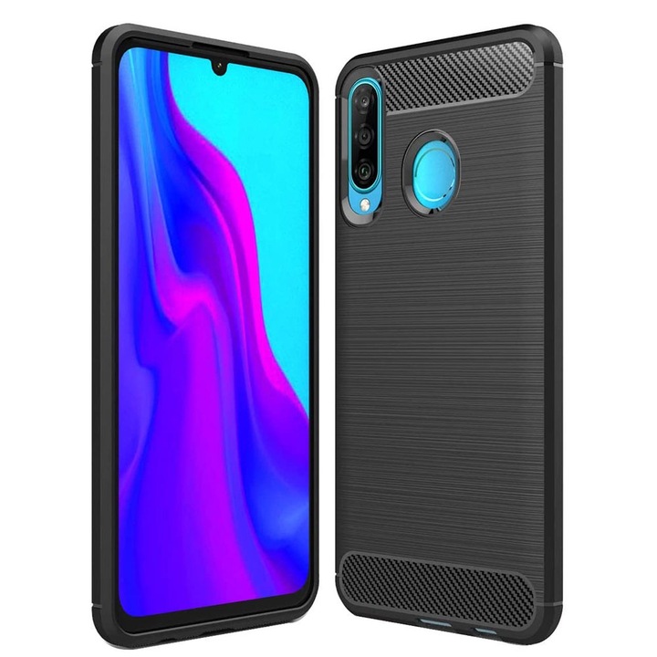 Huawei P30 Lite / P30 lite New Edition tok, Techsuit Carbon Silicone, fekete