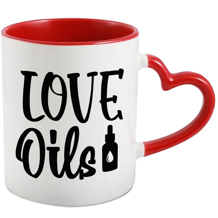 Cana cu textul in engleza "Love oils" - uleiuri de iubire cu Maner Inima Rosie