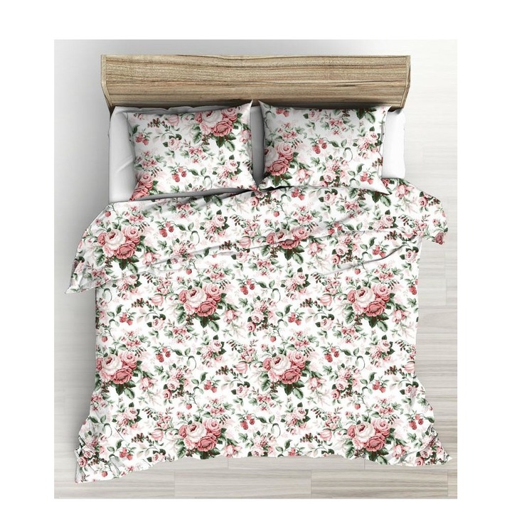 Спално бельо Karo, памук, бяло с бордо, десен божури, 70x80см