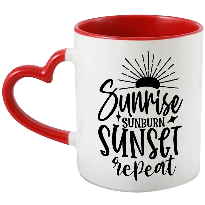 Bögre angol "Sunrise, sunburn, sunset, ismétlés" szöveggel - sunrise sunburn naplemente ismétlés Red Heart Handle fogantyúval