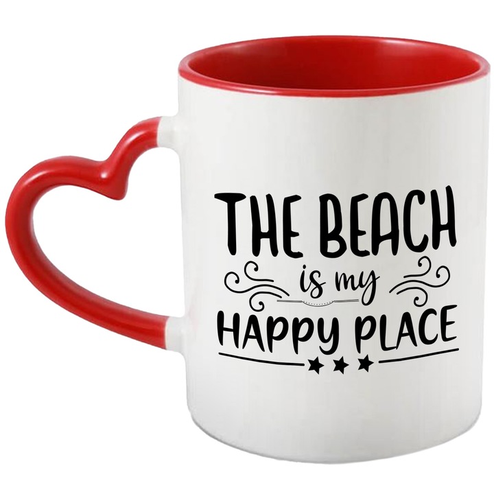 Cana cu iubitorii de vacante la mare cu mesajul "The beach is my happy place" - plaja e locul meu preferat cu Maner Inima Rosie