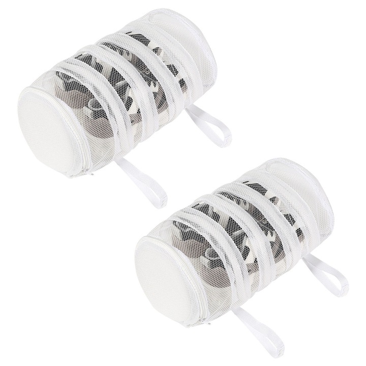 Set 2 sac pentru spalare si uscare incaltaminte, Darklove, Cu curele pentru Agatat, Anti-zgarieturi, Portabil, Reutilizabile, Compatibil masina de spalat si uscator, Pentru papucilor, pantofilor sport si sosetelor, Poliester, 40x19cm, Alb