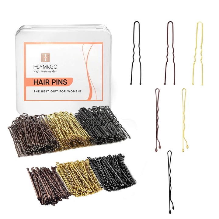 Agrafe de par 300 agrafe de par pentru femei, agrafe de par in forma de U pentru cocuri, cleme de par pentru par gros, tesatura invizibila, agrafe de coafat cu cutie de depozitare (negru, blond si castaniu)