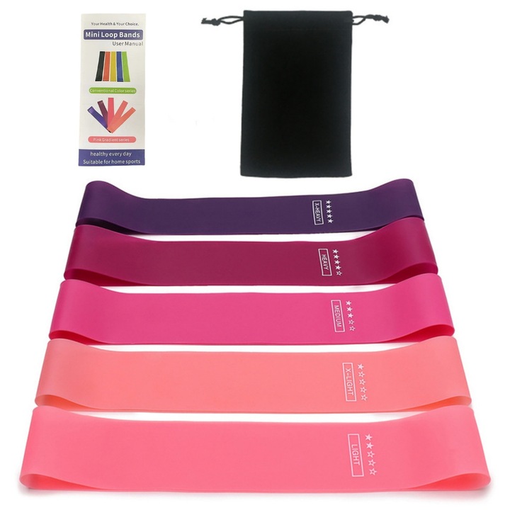 Комплект от 5 мини еластични латексови съпротивителни ленти, 5 интензитета, нива на съпротивление, за фитнес, йога, рехабилитация, чанта за съхранение, enkourakoko®, инструкции