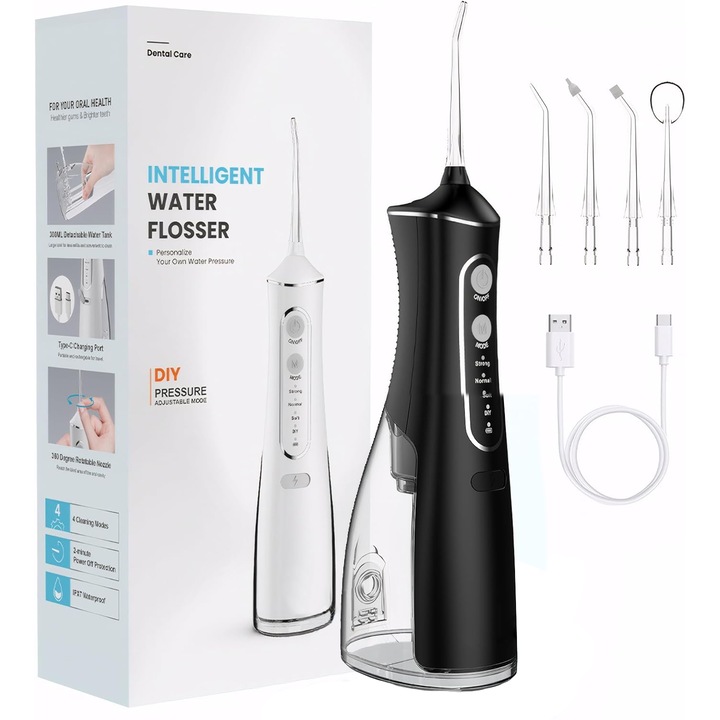 GIOIO elektromos szájöblítő, 4 öblítési mód, vízálló, fekete, akkumulátoros