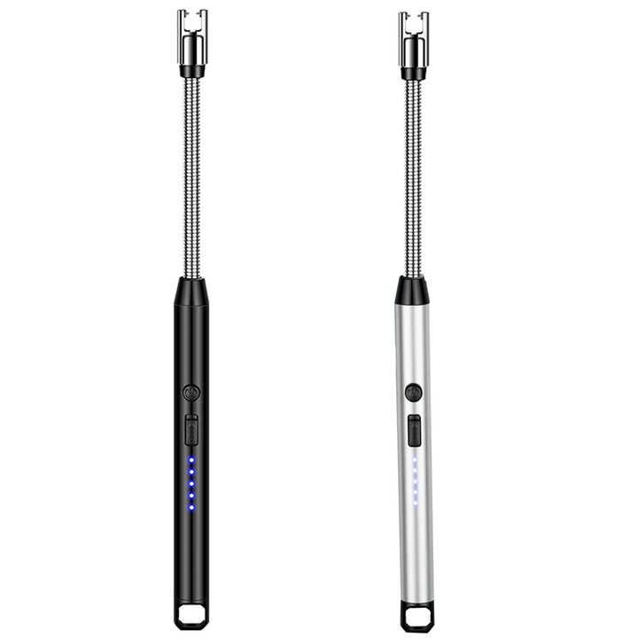Set 2 bricheta electrica, SINBINTA, Aprinzator cu cablu USB, Incarcare rapida, Flexibila cu arc electric, Afisaj incarcare, 170mA, Reutilizabile, Rezistent la vant, Usor de utilizat, Pentru aragaz, Lumanari, Artificii, Aliaj, 15*266mm, Argintiu/Negru