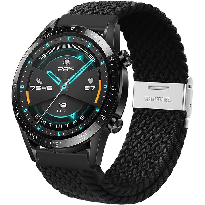 Каишка за часовник за Huawei Watch GT, GT2, GT3, Samsung Galaxy Watch 3 или всеки умен часовник с 22 мм ширина на каишката, JENUOS, регулируема, найлон, черна