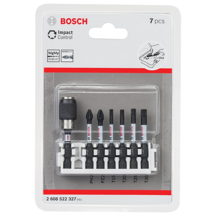 Ударен комплект Bosch 2608522327, 6 бита, Адаптер за бързо освобождаване, PH 2, PZ 2, T 15/20/25/30, 50 мм дължина