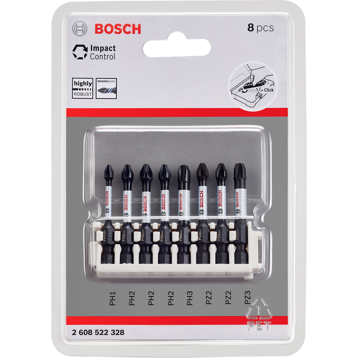Set 8 biti de impact Bosch 2608522328, PH 1/2/3, PZ 2/3, 50 mm lungime