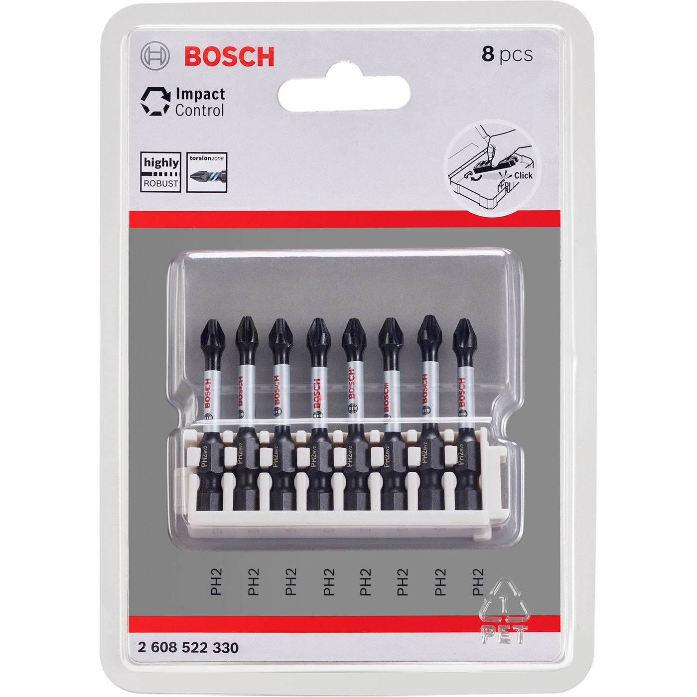 Set 8 biti PH2 de impact Bosch 2608522330, 50 mm lungime
