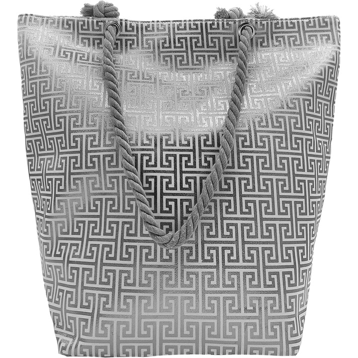 Geanta plaja dama design cu meandre argintie & portofel mic - 2, 52x22x45 cm, Argintiu