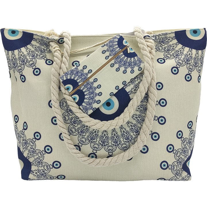 Geanta plaja dama cu imprimeu, 54x16x38 cm, Albastru