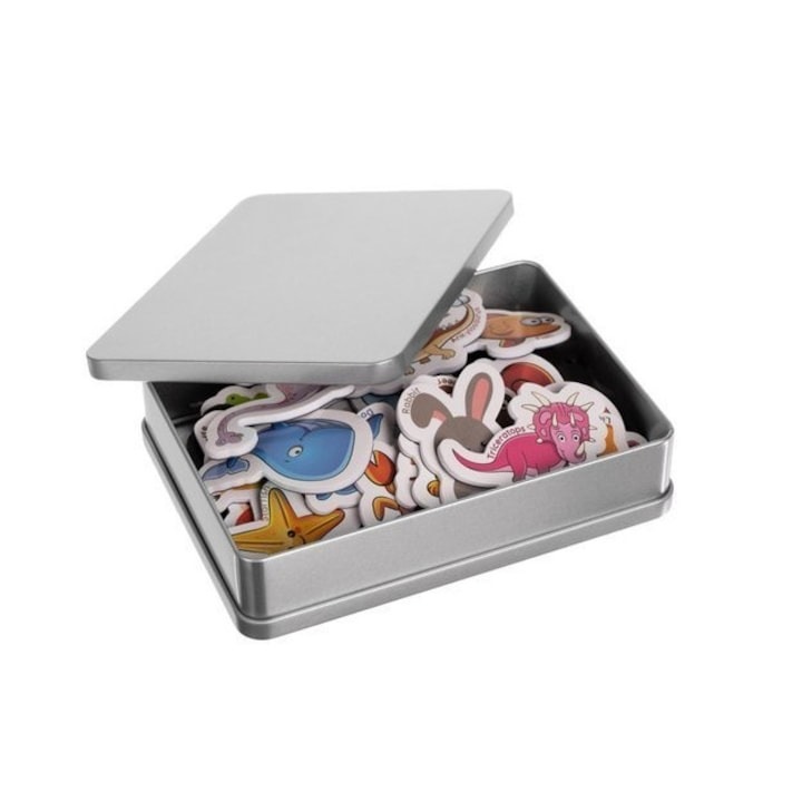 Комплект магнити за хладилник, с животни, имена на английски, многоцветни, включена метална кутия за съхранение, Dactylion®