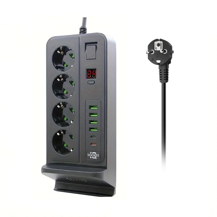 Удължителен кабел, BYNOVIS, 4 гнезда, 4x USB-A 3.4A, 2x USB-C 3.4A, Безжично зарядно, 3m кабел, 24h таймер, 3000W, ON/OFF бутон, Защита от деца, Пожароустойчив, Заземяване, Черен