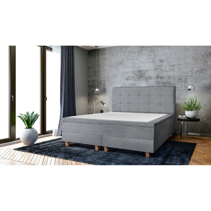 Pat matrimonial, Stockholm, Dots E, 160x200 cm, saltea tip Pocket, topper memory, Gri