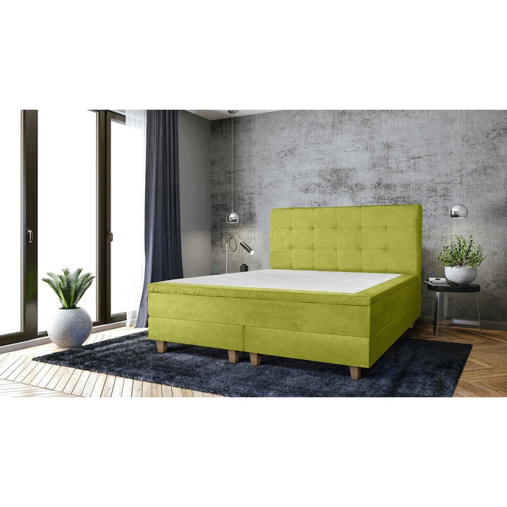 Pat matrimonial, Stockholm, Dots E, 160x200 cm, saltea tip Pocket, topper memory, Verde