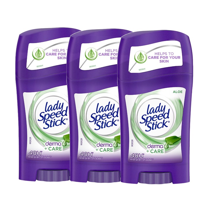 Deodorant solid cu aloe vera Lady Speed Stick Derma Care, 3 x 45 gr