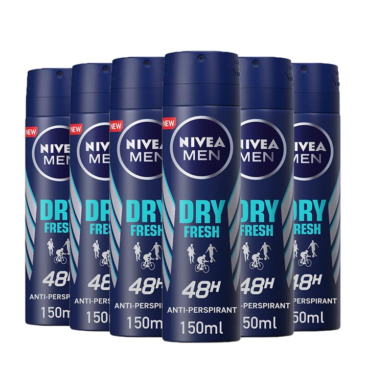 Antiperspirant spray barbati Nivea Dry Fresh, 0% alcool, 6 x 150 ml