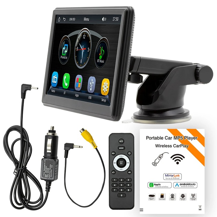 WALALLA Auto CD/DVD радио, 7" екран, Bluetooth, сензорен екран, камера за заден ход, поддръжка на Carplay, Android Auto, черен