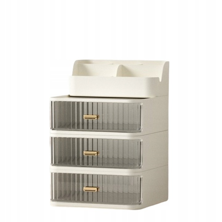 Органайзер за козметични продукти, гримове, F34, с 3 чекмеджета, 20x20x30 см, пластмаса, кремав