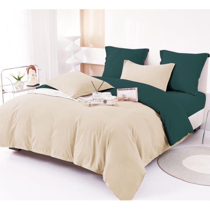 Двойно спално бельо, фин памук, 6 части, Deluxe Casa Shop Pucioasa, зелено-бежово