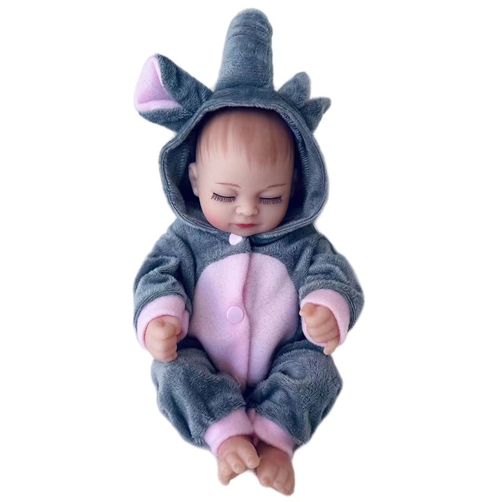 Gyermek baba, IBEBE, 28 cm, szürke, elefánt stílusú ruhák