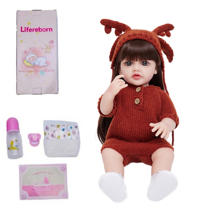 Gyerekbaba, IBEBE, Reális megjelenés, 50 cm, Téglavörös, Jávorszarvas formájú ruhák