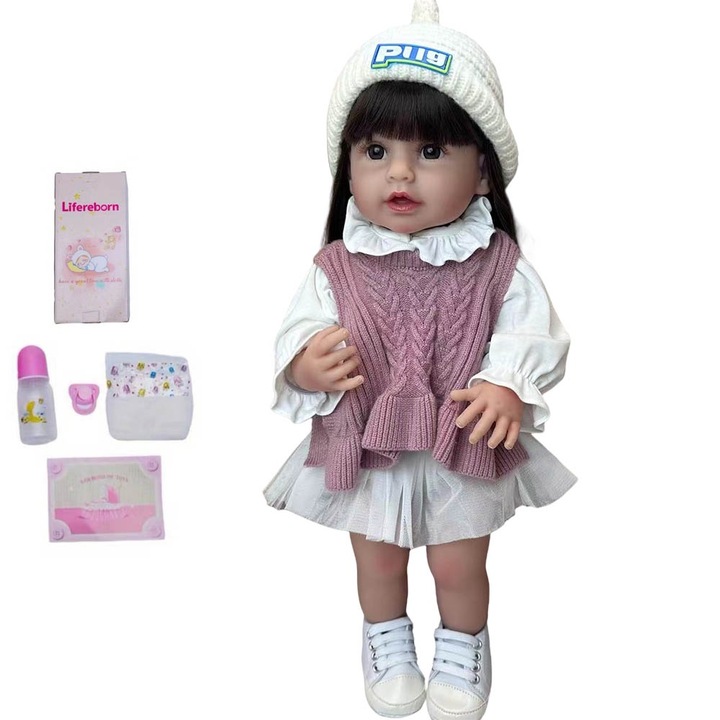 Baba, IBEBE, 50 cm, lila, vinil test, hosszú haj, etetési kiegészítőkkel