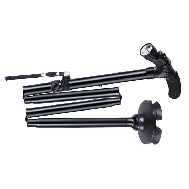 Baston telescopic cu lanterna LED, Ville Pres Secs，baza pivotanta, negru, reglabil 86-96cm