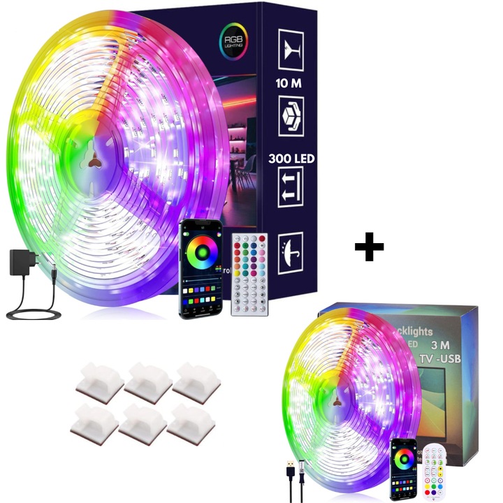 Banda LED CMN™ 10 metri + 3 metri, 30 leduri/m RGB, Adeziva, Bluetooth, Wifi, Aplicatie Telefon, Mod Muzica, Timer, Microfon, Intensitate Lumina Reglabila, Cablu USB, Adaptor Priza, Telecomanda si 6 Clipsuri Adezive incluse