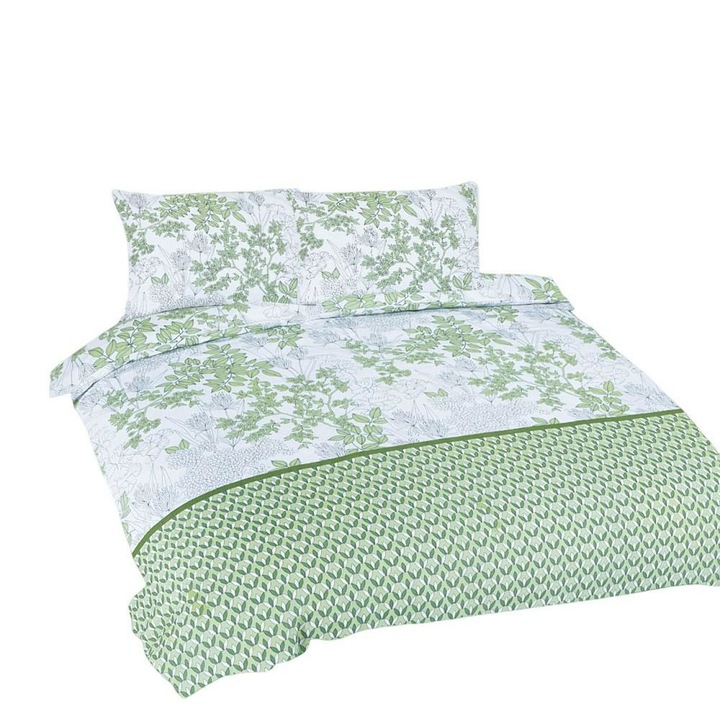 MATEX ágynemű garnitúra, 3 részes, 100% pamut, fehér/zöld, 160x200cm, 70x80 cm