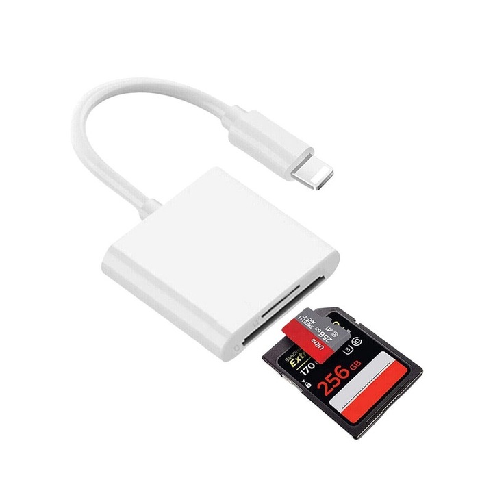 Cititor carduri Lightning & USB 3.0, compatibil iPhone / iPad, SD / TF card, transfer rapid foto / video, alb