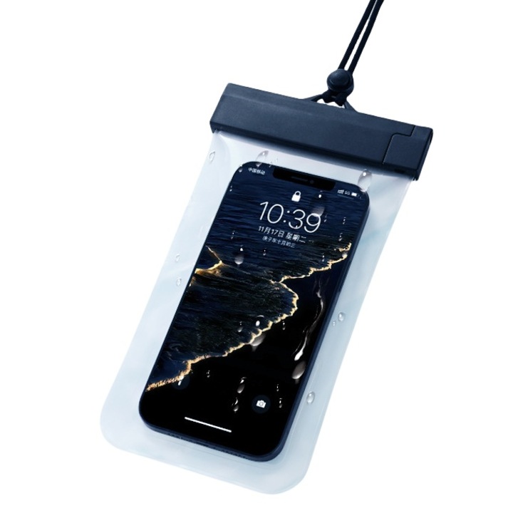 Husa telefon impermeabila, suporta recunoastere faciala, ecran tactil sensibil, negru, pana la 7.2 inch
