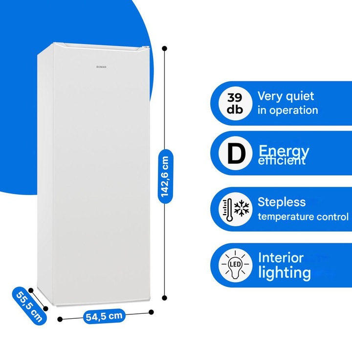 Frigider Bomann, VS7363W, H 142.6 cm, volum 242 litri, 5 rafturi din sticla, 4 rafturi pe usa, temperatura reglabila 0°C~ +8°C, compartiment legume/fructe, usa reversibila, dezghetare automata, maner ergonomic, picioare reglabile, alb