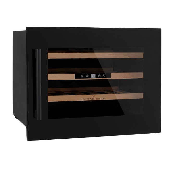 Racitor de vin incorporabil LES PETITS CHAMPS, CAVCIB24, pentru HoReCa/baruri/rezidential, 24 sticle, H 46 cm, latime 59 cm, o zona de racire, iluminare interioara LED, temperatura reglabila 5-22°C, usa anti-UV, sistem anti-vibratii, 3 rafturi lemn, negru