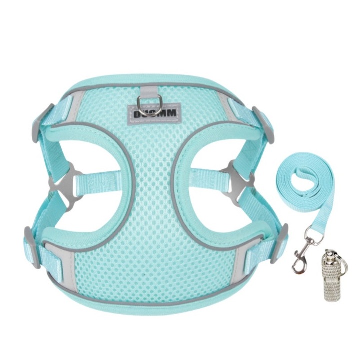 Set Ham/lesa pentru caini, reflectorizant, ajustabil, respirabil, albastru, marime S