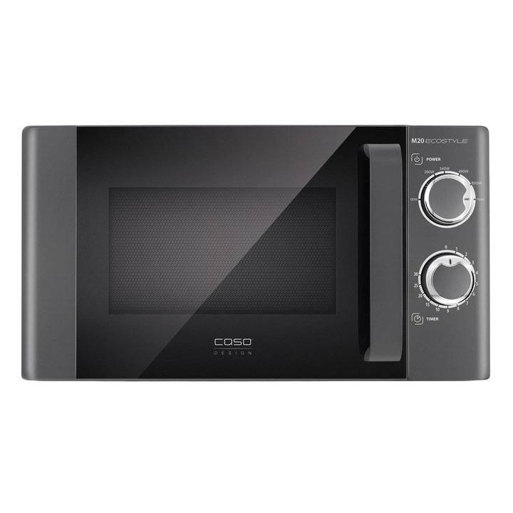 Cuptor cu microunde Caso Germany, Ecostyle, capacitate 20 litri, platou rotativ Ø 25.5 cm, 6 trepte de putere, functie decongelare/incalzire/gatire, timer, lumina interioara, comutatoare rotative, usor de curatat, design modern, antracit