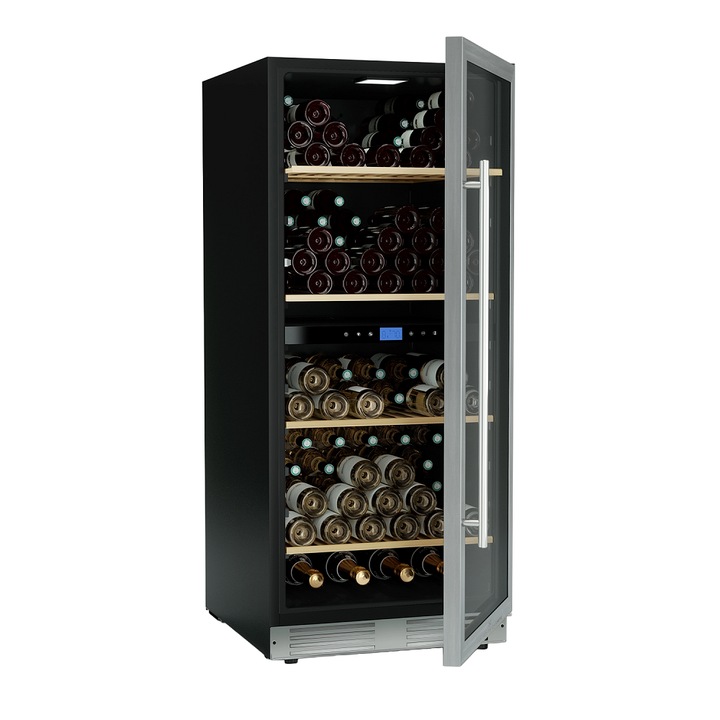 Racitor de vin incorporabil LES PETITS CHAMPS, pentru HoReCa/baruri/rezidential, 149 sticle, H 140 cm, latime 59.5 cm, doua zone de racire, iluminare interioara LED, temperatura reglabila 5-20°C, usa anti-UV, 4 rafturi din lemn, inox