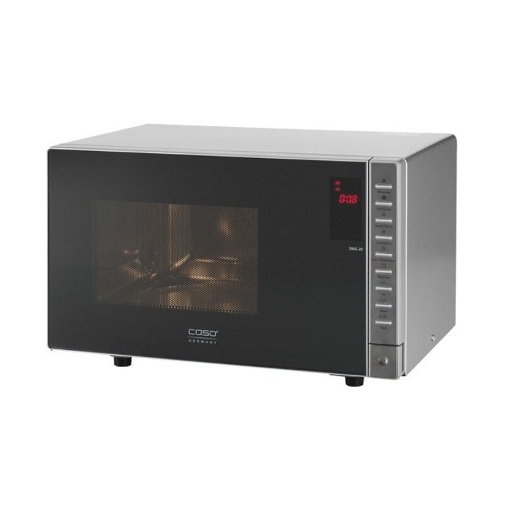 Cuptor cu microunde 2in1 Caso, capacitate 20 litri, platou rotativ Ø 25.5 cm, gatire pe doua nivele, functie de grill/decongelare/incalzire/coacere, 5 trepte de putere, Child Lock, timer, display digital, usa cu efect de oglinda, usor de curatat, inox