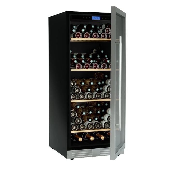 Racitor de vin incorporabil LES PETITS CHAMPS, CAVCE160, pentru HoReCa/baruri/rezidential, 160 sticle, H 139 cm, latime 59.5 cm, o zona de racire, iluminare interioara LED, temperatura reglabila 5-20°C, panou digital, usa anti-UV, 4 rafturi din lemn, inox