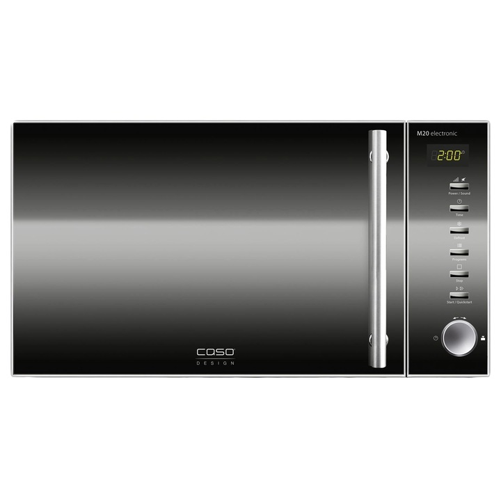 Cuptor cu microunde Caso Germany, capacitate 20 litri, platou rotativ Ø 24.5 cm, functie de decongelare/incalzire/preincalzire, 5 trepte de putere, Child Lock, timer, display digital, usa cu efect de oglinda, usor de curatat, inox