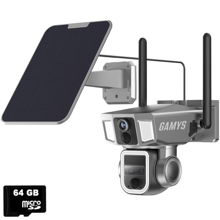 Соларна камера за наблюдение GAMYS®, хибридна, 4G и WiFi, 10x увеличение, 4K, 6MP, двойна леща, 9W Polar панел и 64GB карта включени
