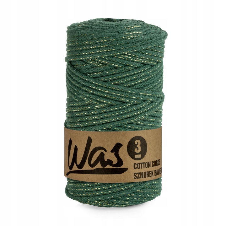 Текстилна нишка, WAS, Памук, 3мм, 100м, 300гр, Стъклено зелено/Златно