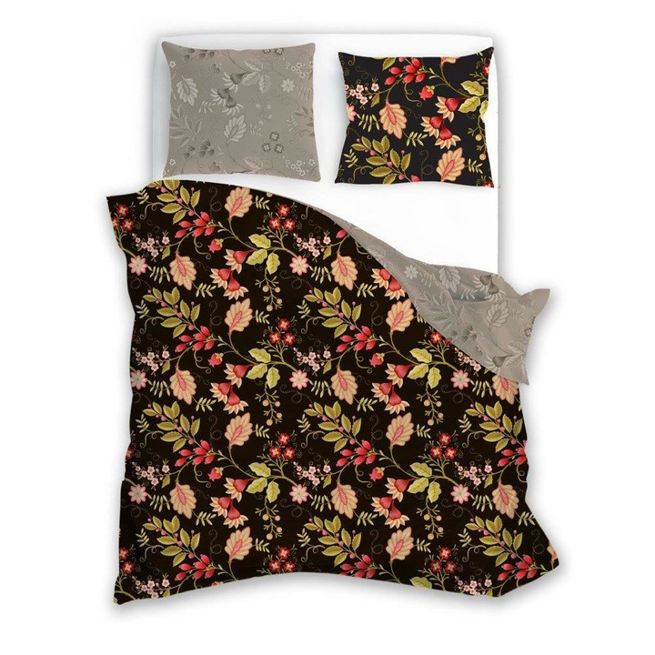 Set lenjerie de pat Faro Flovery 004, bumbac, floral multicolor, 140x200cm, 70x90cm