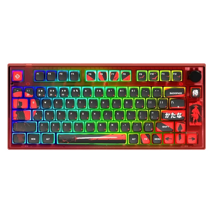 Клавиатура Gaming QwertyKey Samurai, Bluetooth, безжична връзка, Hotswap, RGB, Gateron линейни превключватели с предварително смазване, монтиран на уплътнение