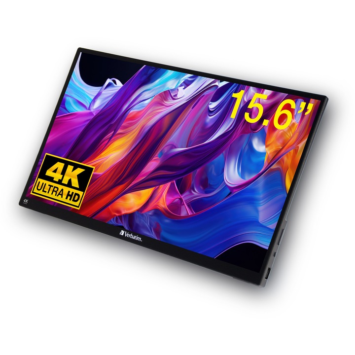 Hordozható monitor Verbatim Touchscreen LED IPS 10 pontos kapacitív multi-touch, 15,6'', Ultra HD 4K felbontás, 6ms, Beépített hangszórók, HDR, FreeSync, 2x USB-C, HDMI, USB, Audio kimenet, Alumínium ház, PMT -modell 15- 4k