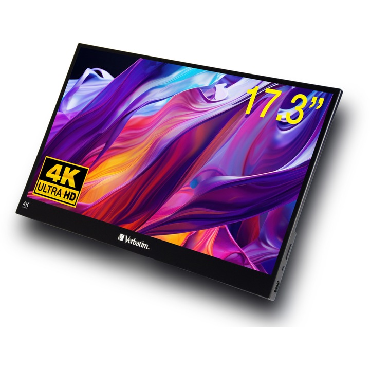 Verbatim érintőképernyős LED IPS 10 pontos kapacitív többérintéses hordozható monitor, 17,3 hüvelykes, Ultra HD 4K felbontás, 6 ms, Beépített hangszórók, HDR, FreeSync, 2x USB-C, HDMI, USB, Audiokimenet, Alumínium ház, Modell PMT-17-4K
