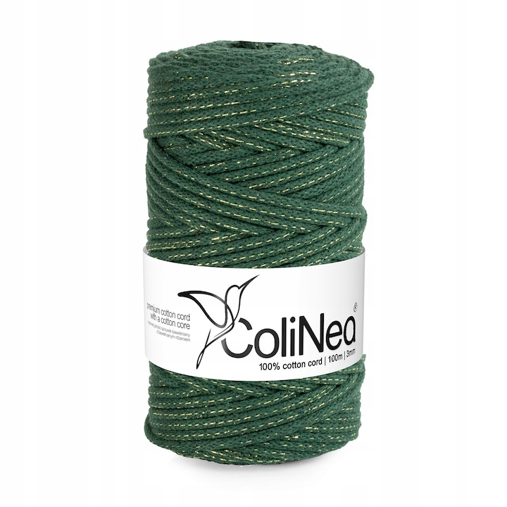 Snur bumbac pentru crosetat si tricotat snur macrame ColiNea impletit bumbac 3mm 100m verde inchis cu fir auriu