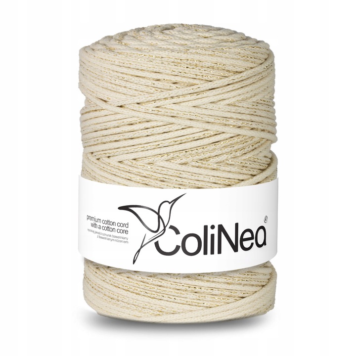 Pamut makramé zsinór, ColiNea, fonott, pamut, 3mm, 200m, elefántcsont aranyszállal